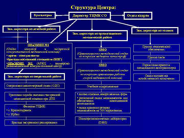 Структура Центра: Бухгалтерия Директор ТЦМК СО Отдел кадров Зам. директора по лечебной работе Зам.