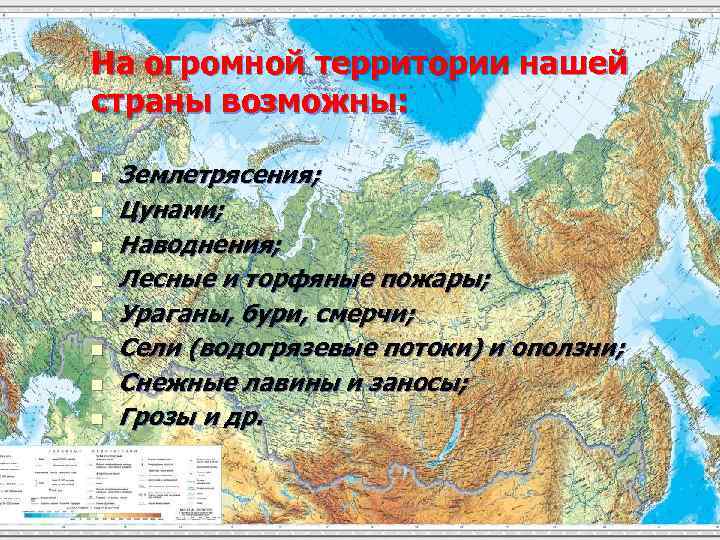 На огромной территории нашей страны возможны: n n n n Землетрясения; Цунами; Наводнения; Лесные