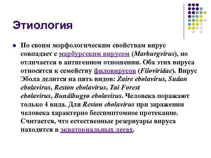 Этиология l По своим морфологическим свойствам вирус совпадает с марбургским вирусом (Marburgvirus), но отличается
