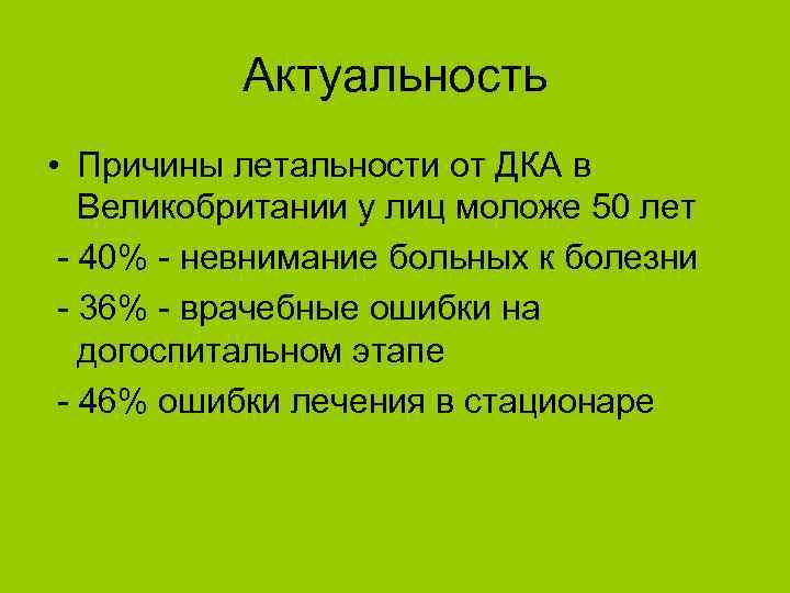 Актуальность • Причины летальности от ДКА в Великобритании у лиц моложе 50 лет -