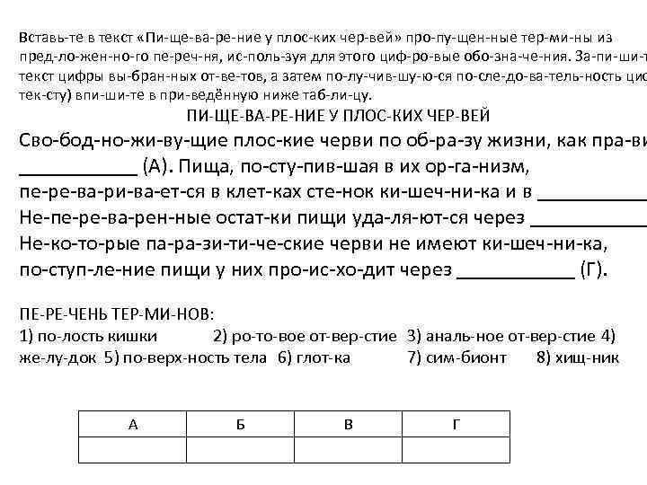 Вставь те в текст «Пи ще ва ре ние у плос ких чер вей»