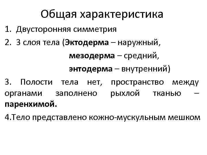 Общая характеристика 1. Двусторонняя симметрия 2. 3 слоя тела (Эктодерма – наружный, мезодерма –