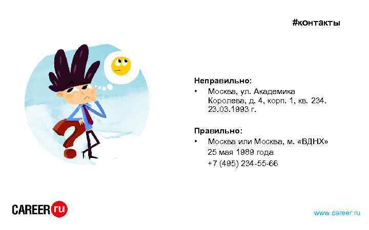 #контакты Неправильно: • Москва, ул. Академика Королева, д. 4, корп. 1, кв. 234. 23.