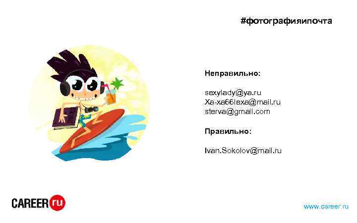 #фотографияипочта Неправильно: sexylady@ya. ru Xa-xa 66 lexa@mail. ru sterva@gmail. com Правильно: Ivan. Sokolov@mail. ru