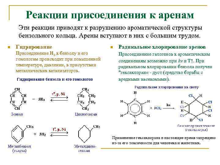 Реакции присоединения к аренам Эти реакции приводят к разрушению ароматической структуры бензольного кольца. Арены