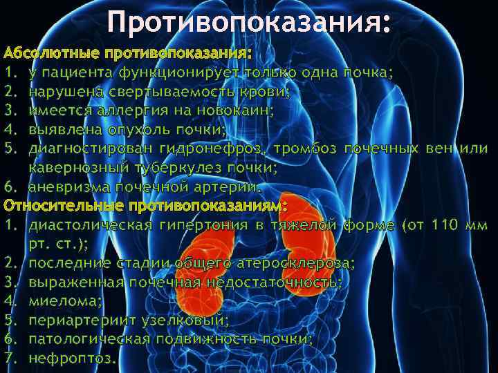 Противопоказания: Абсолютные противопоказания: 1. у пациента функционирует только одна почка; 2. нарушена свертываемость крови;