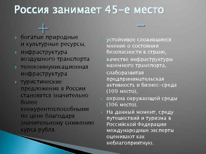 Россия занимает 45 -е место + богатые природные и культурные ресурсы, инфраструктура воздушного транспорта