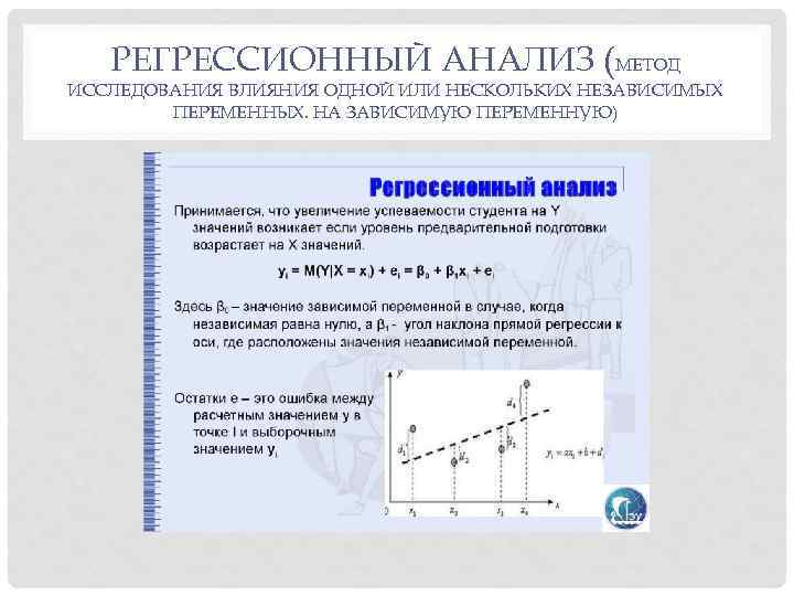 РЕГРЕССИОННЫЙ АНАЛИЗ (МЕТОД ИССЛЕДОВАНИЯ ВЛИЯНИЯ ОДНОЙ ИЛИ НЕСКОЛЬКИХ НЕЗАВИСИМЫХ ПЕРЕМЕННЫХ. НА ЗАВИСИМУЮ ПЕРЕМЕННУЮ) 