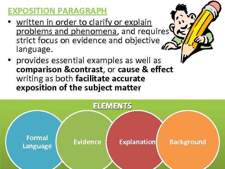EXPOSITION PARAGRAPH • written in order to clarify or explain problems and phenomena, and