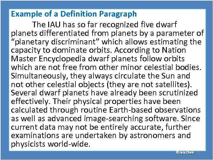 Example of a Definition Paragraph The IAU has so far recognized five dwarf planets
