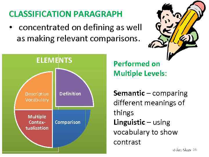 CLASSIFICATION PARAGRAPH • concentrated on defining as well as making relevant comparisons. ELEMENTS Descriptive