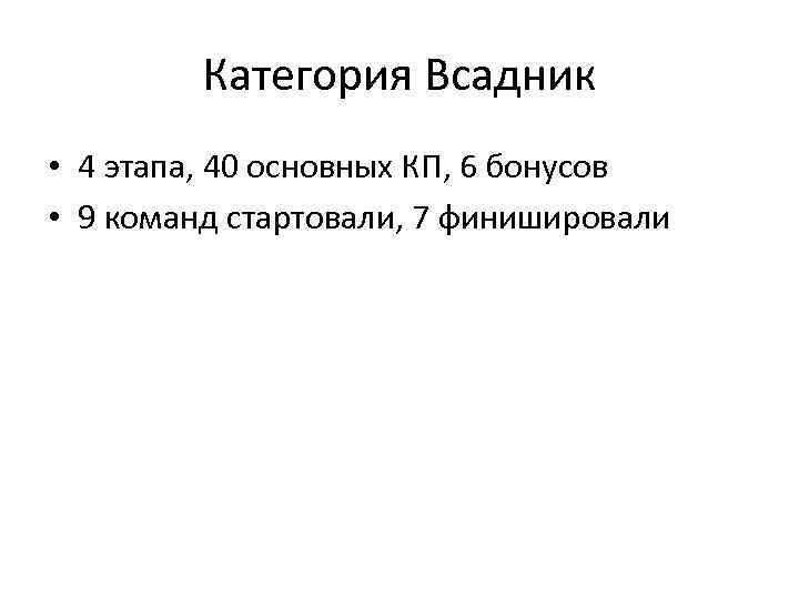 Категория Всадник • 4 этапа, 40 основных КП, 6 бонусов • 9 команд стартовали,