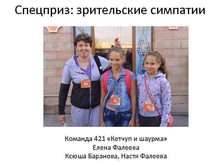 Спецприз: зрительские симпатии Команда 421 «Кетчуп и шаурма» Елена Фалеева Ксюша Баранова, Настя Фалеева