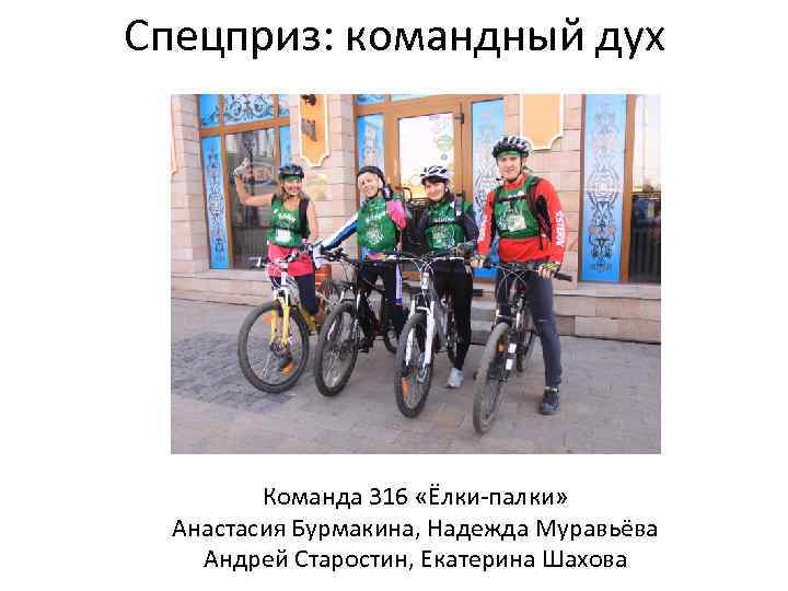 Спецприз: командный дух Команда 316 «Ёлки-палки» Анастасия Бурмакина, Надежда Муравьёва Андрей Старостин, Екатерина Шахова