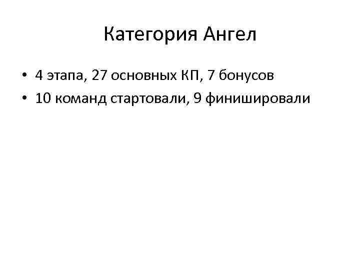 Категория Ангел • 4 этапа, 27 основных КП, 7 бонусов • 10 команд стартовали,