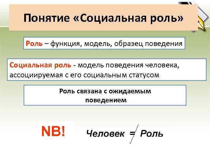 Понятие «Социальная роль» Роль – функция, модель, образец поведения Социальная роль - модель поведения