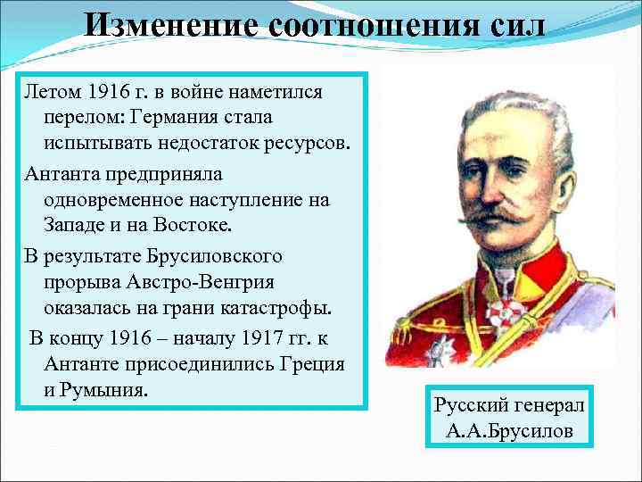 Изменение соотношения сил Летом 1916 г. в войне наметился перелом: Германия стала испытывать недостаток