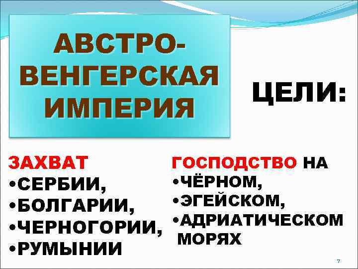 АВСТРОВЕНГЕРСКАЯ ИМПЕРИЯ ЗАХВАТ • СЕРБИИ, • БОЛГАРИИ, • ЧЕРНОГОРИИ, • РУМЫНИИ ЦЕЛИ: ГОСПОДСТВО НА