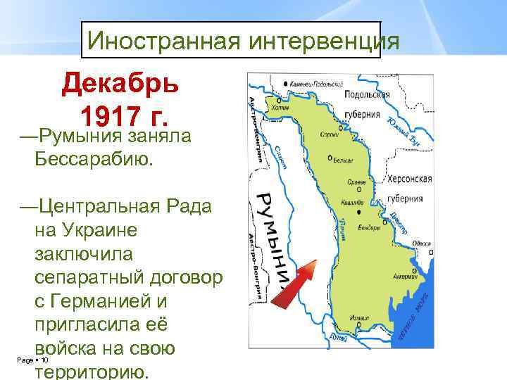 Иностранная интервенция Декабрь 1917 г. —Румыния заняла Бессарабию. —Центральная Рада на Украине заключила сепаратный