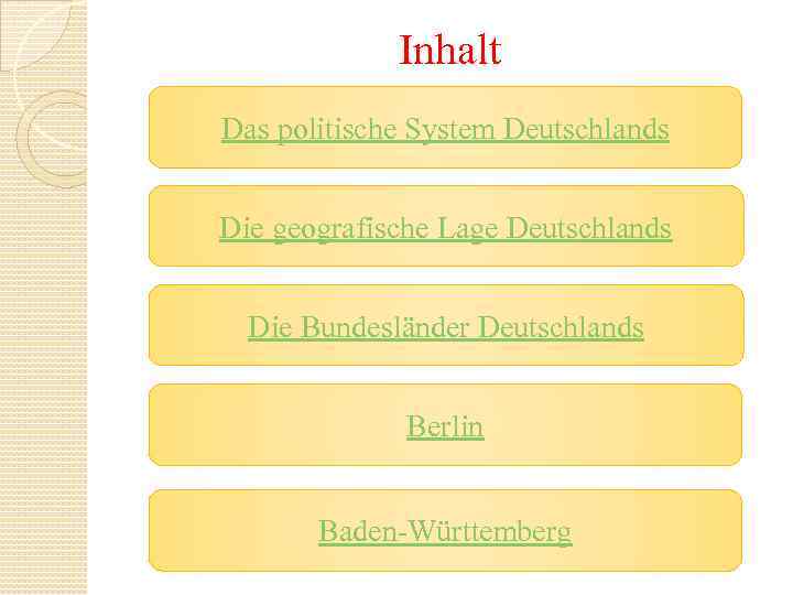 Inhalt Das politische System Deutschlands Die geografische Lage Deutschlands Die Bundesländer Deutschlands Berlin Baden