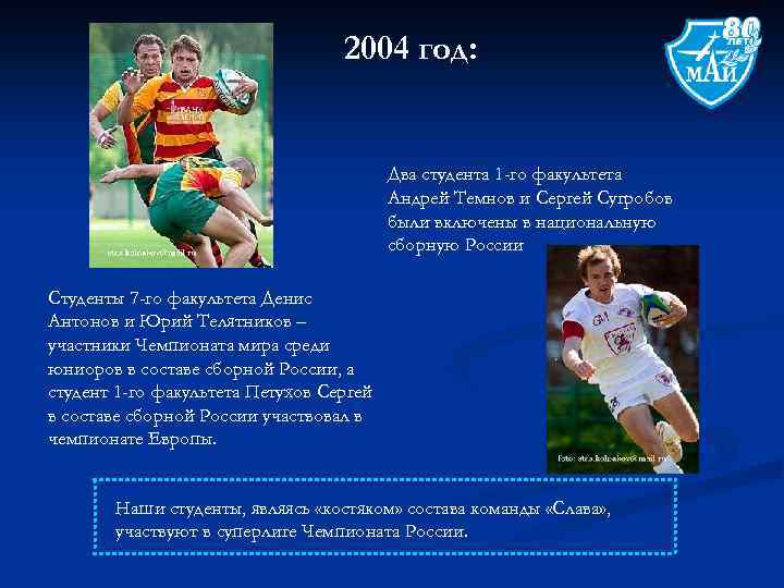 2004 год: Два студента 1 -го факультета Андрей Темнов и Сергей Сугробов были включены