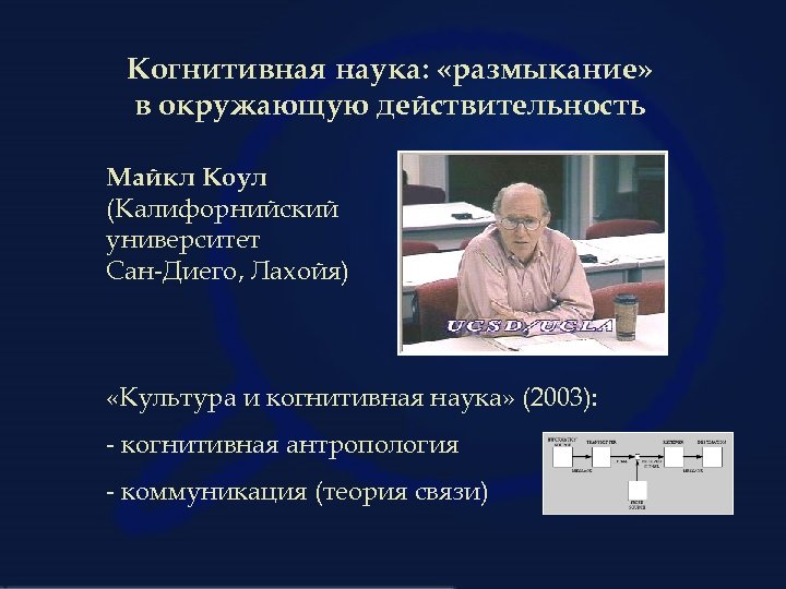 Когнитивная наука: «размыкание» в окружающую действительность Майкл Коул (Калифорнийский университет Сан-Диего, Лахойя) «Культура и