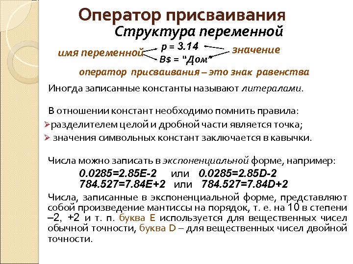 Оператор присваивания Структура переменной p = 3. 14 значение В$ = “Дом” оператор присваивания
