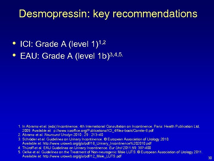 Desmopressin: key recommendations • • ICI: Grade A (level 1)1, 2 EAU: Grade A