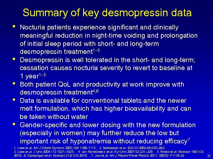 Summary of key desmopressin data • • • Nocturia patients experience significant and clinically