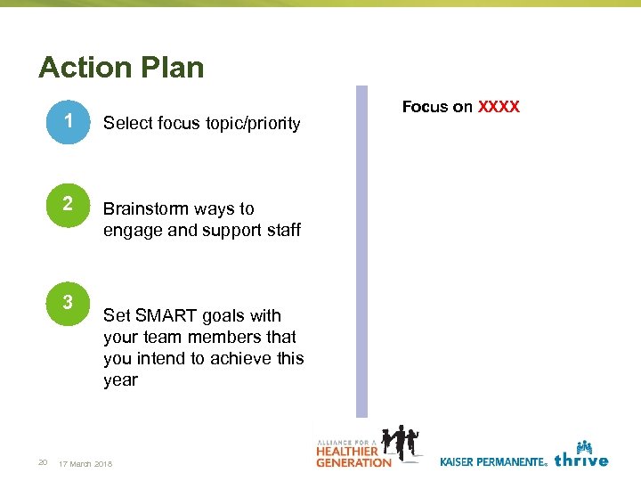 Action Plan 1 Select focus topic/priority 2 Brainstorm ways to engage and support staff