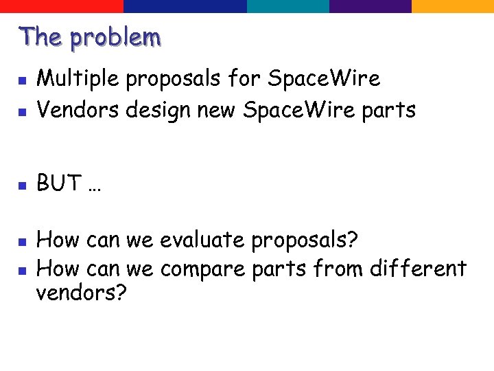 The problem n Multiple proposals for Space. Wire Vendors design new Space. Wire parts