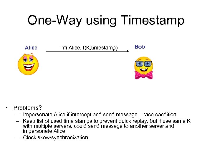 One-Way using Timestamp Alice I’m Alice, f(K, timestamp) Bob • Problems? – Impersonate Alice