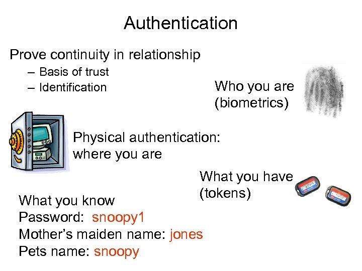Authentication Prove continuity in relationship – Basis of trust – Identification Who you are
