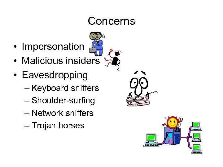 Concerns • Impersonation • Malicious insiders • Eavesdropping – Keyboard sniffers – Shoulder-surfing –