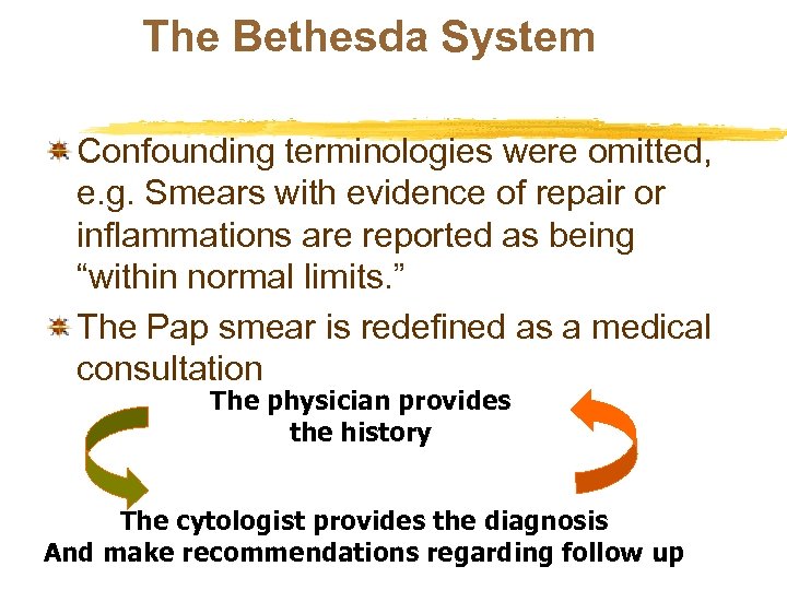 The Bethesda System Confounding terminologies were omitted, e. g. Smears with evidence of repair