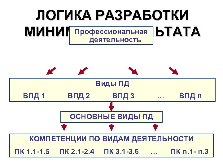 ЛОГИКА РАЗРАБОТКИ Профессиональная МИНИМУМА РЕЗУЛЬТАТА деятельность Виды ПД ВПД 1 ВПД 2 ВПД 3