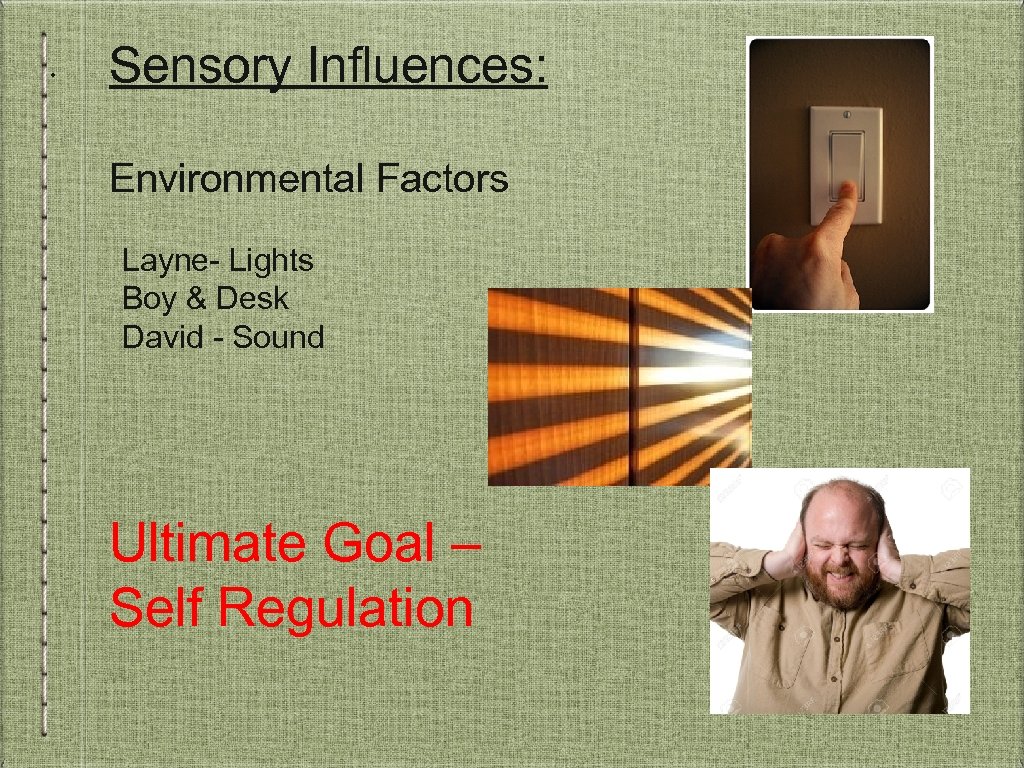  • Sensory Influences: Environmental Factors Layne- Lights Boy & Desk David - Sound