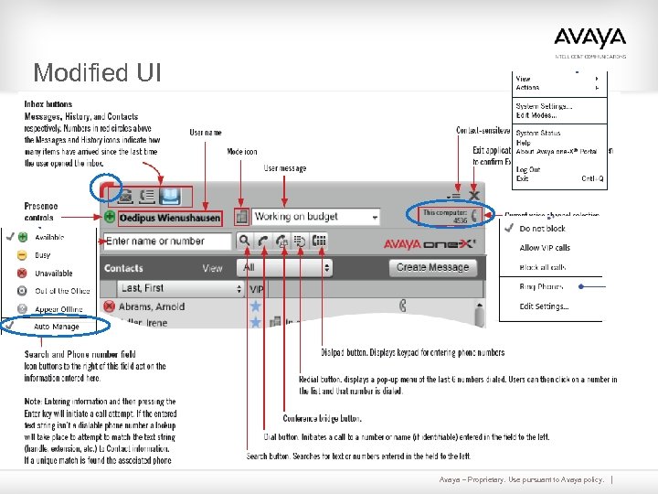 Modified UI Avaya – Proprietary. Use pursuant to Avaya policy. 