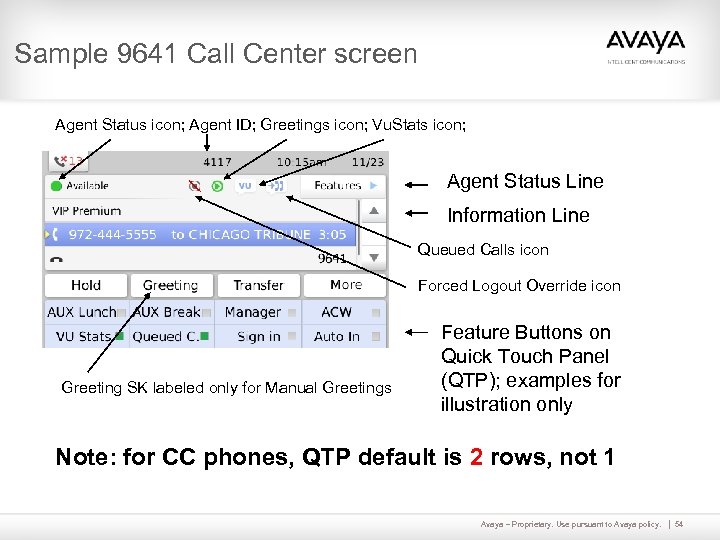 Sample 9641 Call Center screen Agent Status icon; Agent ID; Greetings icon; Vu. Stats