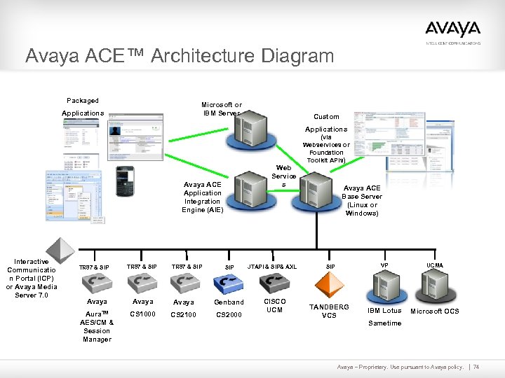 Avaya ACE™ Architecture Diagram Packaged Microsoft or IBM Server Applications Custom Applications (via Webservices