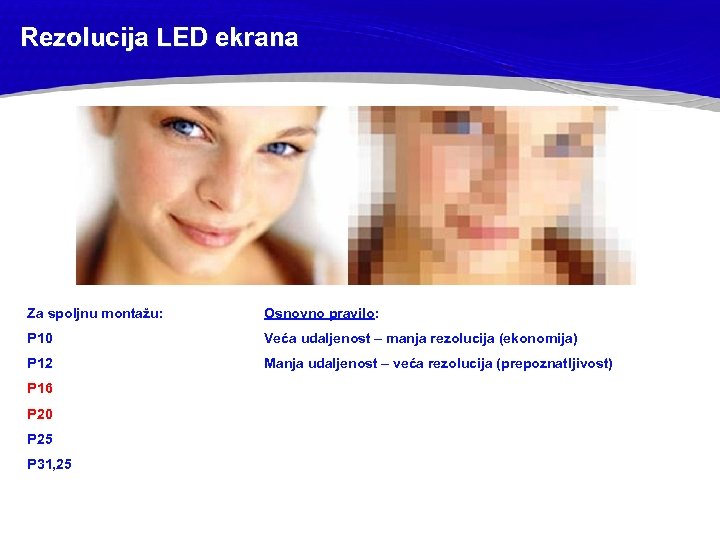 Rezolucija LED ekrana Za spoljnu montažu: Osnovno pravilo: P 10 Veća udaljenost – manja