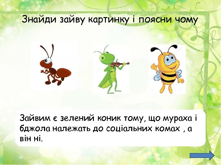 Знайди зайву картинку і поясни чому Зайвим є зелений коник тому, що мураха і
