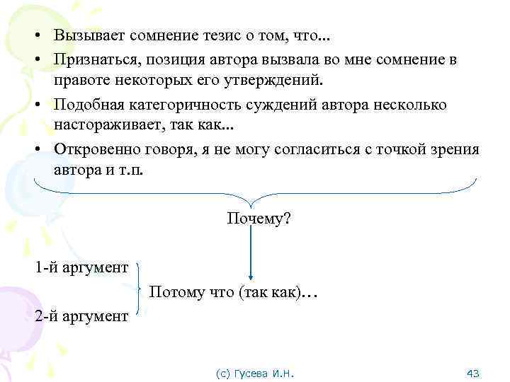  • Вызывает сомнение тезис о том, что. . . • Признаться, позиция автора