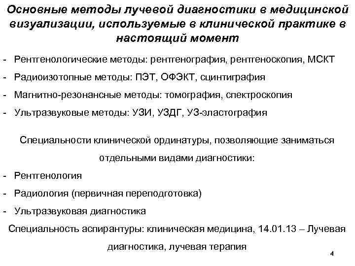 Основные методы лучевой диагностики в медицинской визуализации, используемые в клинической практике в настоящий момент