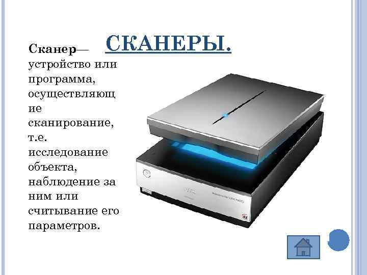 СКАНЕРЫ. Сканер— устройство или программа, осуществляющ ие сканирование, т. е. исследование объекта, наблюдение за
