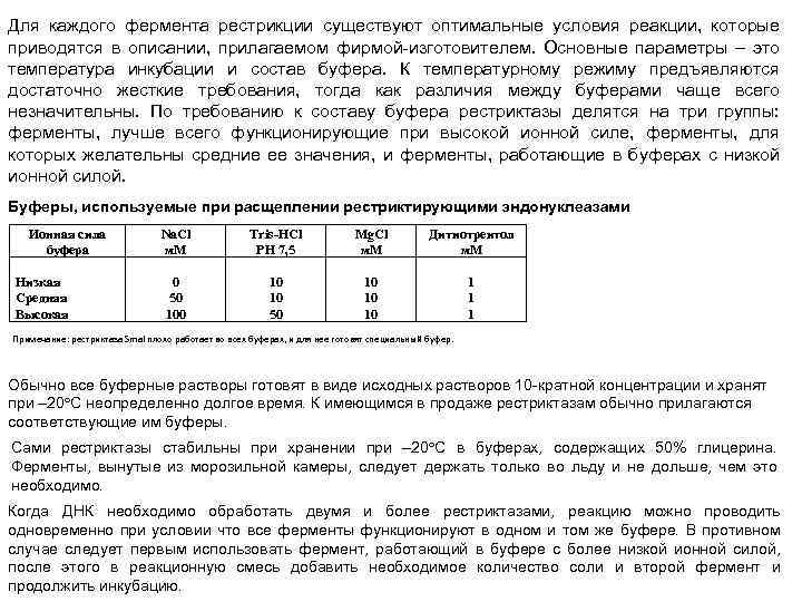 Для каждого фермента рестрикции существуют оптимальные условия реакции, которые приводятся в описании, прилагаемом фирмой-изготовителем.