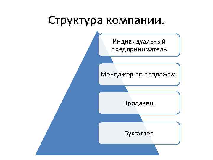 Структура компании. Индивидуальный предприниматель Менеджер по продажам. Продавец. Бухгалтер 