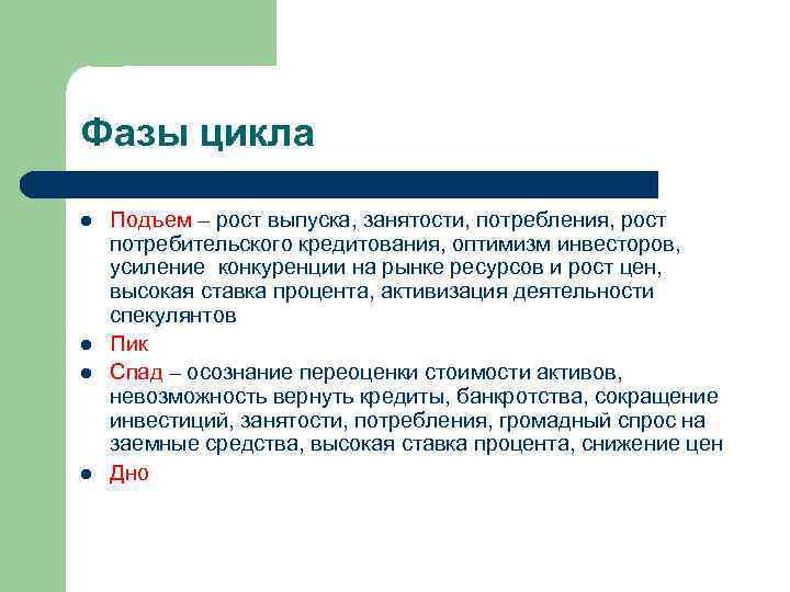 Фазы цикла l l Подъем – рост выпуска, занятости, потребления, рост потребительского кредитования, оптимизм