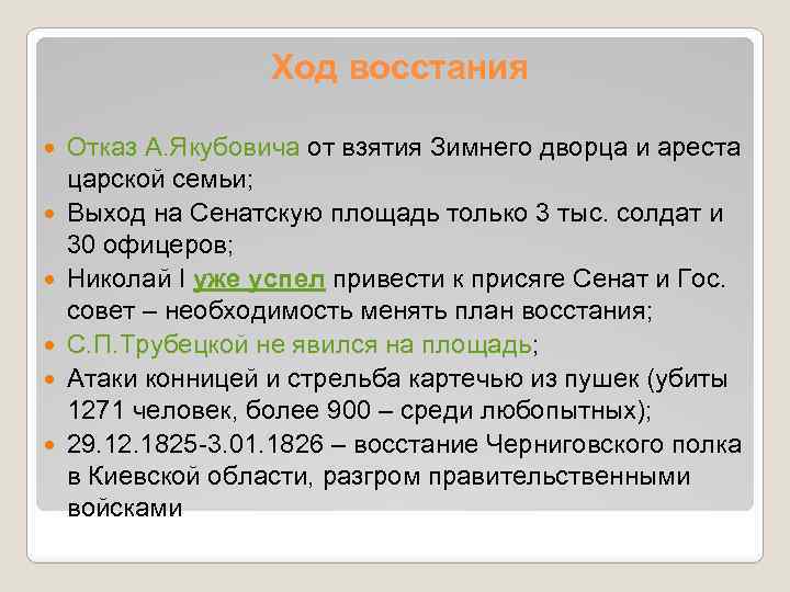 Ход восстания Отказ А. Якубовича от взятия Зимнего дворца и ареста царской семьи; Выход