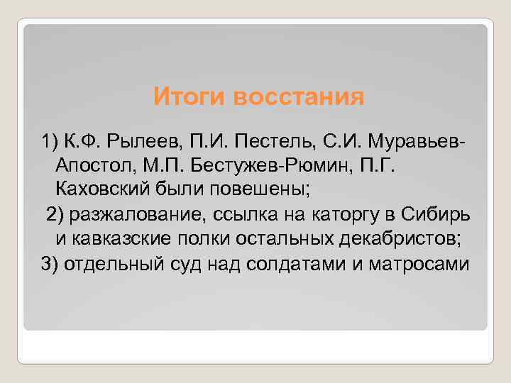 Итоги восстания 1) К. Ф. Рылеев, П. И. Пестель, С. И. Муравьев. Апостол, М.